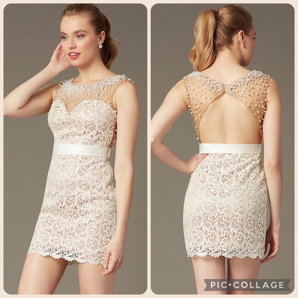 Dave & Johnny Pearl Illusion White Lace and Nude Mesh Illusion Mini Dress 5/6